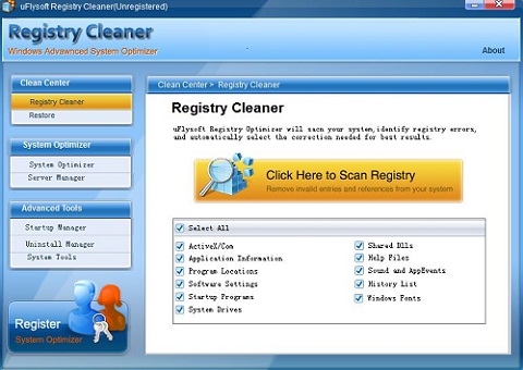 main interface of registry cleaner 